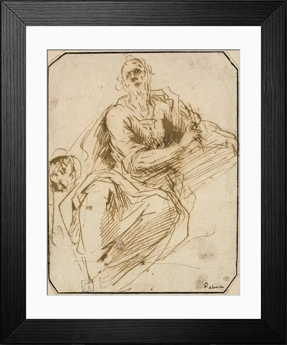 Framed Print : Study for St. Mark (recto); Sketch of Half-length Male Figure, Looking Upwards to... 1602 / 05. Creator: Jacopo Palma