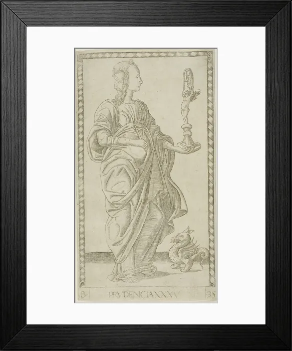 Framed Print : Prudence, plate 35 from Genii and Virtues, c.1465. Creator: Unknown Framed Print : Prudence, plate 35 from Genii and Virtues, c.1465. Creator: Unknown
