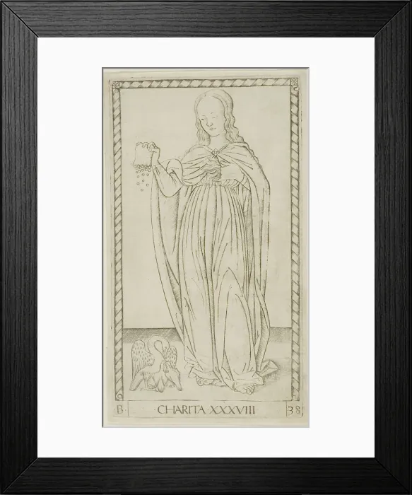 Framed Print : Charity, plate 38 from Genii and Virtues, c.1465. Creator: Unknown Framed Print : Charity, plate 38 from Genii and Virtues, c.1465. Creator: Unknown