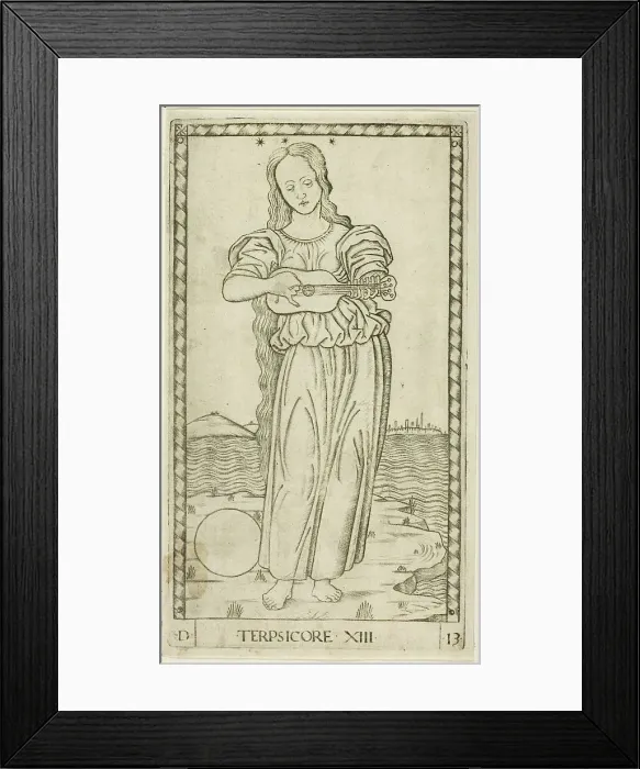 Framed Print : Terpsichore, plate thirteen from Apollo and the Muses, c.1465. Creator: Unknown Framed Print : Terpsichore, plate thirteen from Apollo and the Muses, c.1465. Creator: Unknown