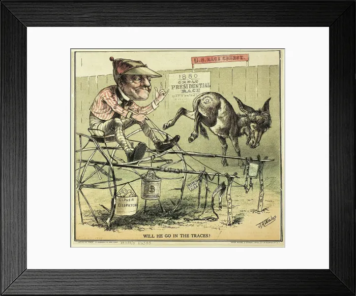 Framed Print : Will He Go in The Traces, from Puck, published August 27, 1879. Creator: James Albert Wales Framed Print : Will He Go in The Traces, from Puck, published August 27, 1879. Creator: James Albert Wales