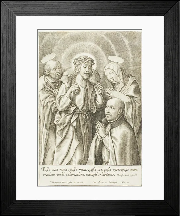 Framed Print : Ignatius of Loyola kneeling before Christ, the Virgin and St Peter, n.d. Creator: Jan Wierix Framed Print : Ignatius of Loyola kneeling before Christ, the Virgin and St Peter, n.d. Creator: Jan Wierix