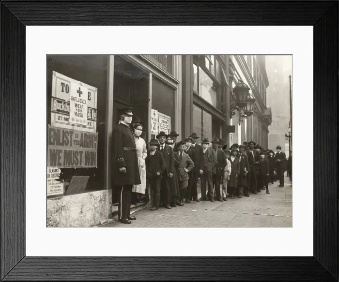 Framed Print : People line outside a store to buy face masks, 1 October 1918, 1918. Creator: Dobbin, Hamilton Henry (1856-1930) Framed Print : People line outside a store to buy face masks, 1 October 1918, 1918. Creator: Dobbin, Hamilton Henry (1856-1930)