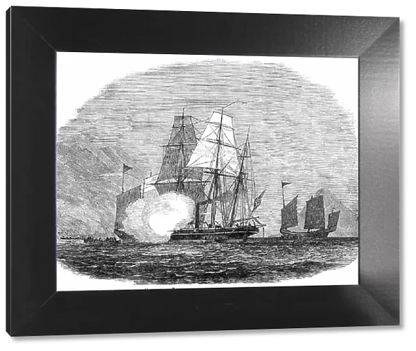 H.M.S. 'Reynard' Capturing Two Piratical Junks off Hong Kong, 1850. Creator: Unknown. H.M.S. 'Reynard' Capturing Two Piratical Junks off Hong Kong, 1850. Creator: Unknown