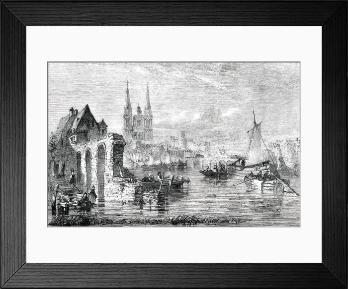 Framed Print : Market Boats Arriving at Angers - painted by E. A. Goodall, 1850. Creator: Unknown Framed Print : Market Boats Arriving at Angers - painted by E. A. Goodall, 1850. Creator: Unknown