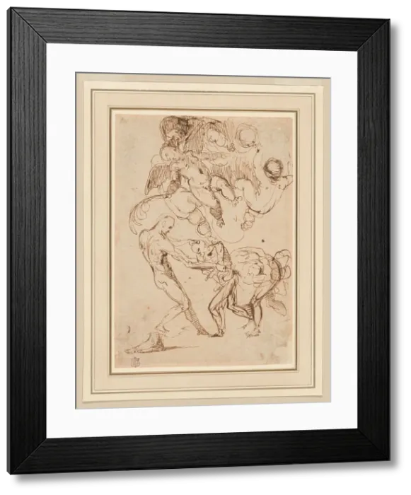 Framed Print : A Study of Bound Male Figures being Manhandled, and Various Putti, One Holding a Palm... n.d. Creator: Unknown Framed Print : A Study of Bound Male Figures being Manhandled, and Various Putti, One Holding a Palm... n.d. Creator: Unknown