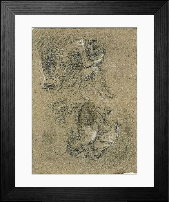 Framed Print : Sketches: Seated Man with Head in Hands and Two Figures Bendin... 1847 / 75 (recto); 1863 / 64 (verso). Creator: Jean-Baptiste Carpeaux Framed Print : Sketches: Seated Man with Head in Hands and Two Figures Bendin... 1847 / 75 (recto); 1863 / 64 (verso). Creator: Jean-Baptiste Carpeaux