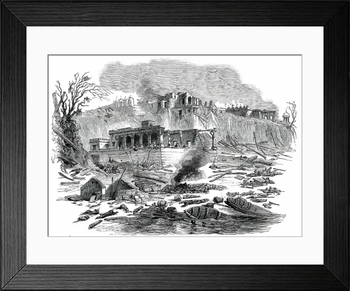 Framed Print : Terrific Explosion at the Raj Ghaut Ferry, Benares, 1850. Creator: Unknown Framed Print : Terrific Explosion at the Raj Ghaut Ferry, Benares, 1850. Creator: Unknown