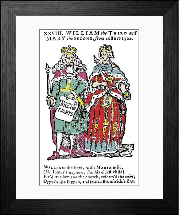 Framed Print : King William III of England, holding the Bill of Rights in his hand, and Queen Mary II, Mid 18th cen Creator: Anonymous Framed Print : King William III of England, holding the Bill of Rights in his hand, and Queen Mary II, Mid 18th cen Creator: Anonymous