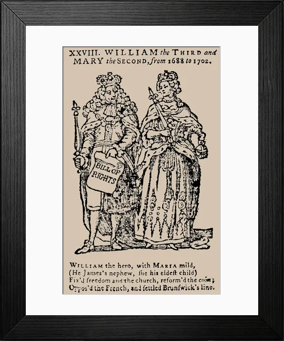 Framed Print : King William III of England, holding the Bill of Rights in his hand, and Queen Mary II, Mid 18th cen Creator: Anonymous Framed Print : King William III of England, holding the Bill of Rights in his hand, and Queen Mary II, Mid 18th cen Creator: Anonymous