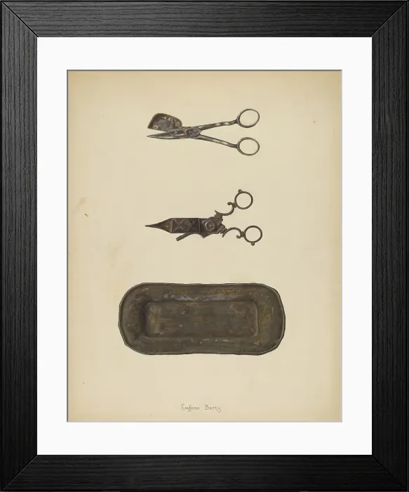 Framed Print : Candle Snuffer, Trimmer & Tray, c. 1937. Creator: Eugene Bartz. Candle Snuffer, Trimmer & Tray, c. 1937. Creator: Eugene Bartz Framed Print : Candle Snuffer, Trimmer & Tray, c. 1937. Creator: Eugene Bartz. Candle Snuffer, Trimmer & Tray, c. 1937. Creator: Eugene Bartz