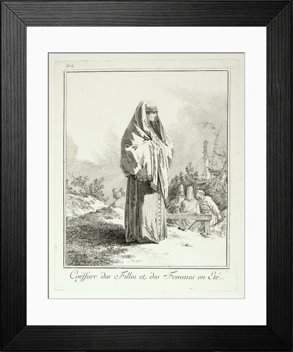Framed Print : Headdress for Girls and Women in summer, plate three from Divers Habillements des Peuples... 1765. Creator: Jean Baptiste Le Prince Framed Print : Headdress for Girls and Women in summer, plate three from Divers Habillements des Peuples... 1765. Creator: Jean Baptiste Le Prince