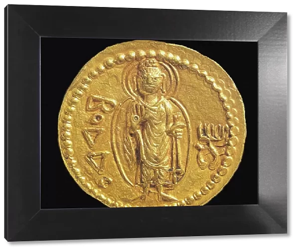 Gold Coin, Kushan. Reverse: in Bactrian script Buddha (boddo), 127-150. Creator: Numismatic, Ancient Coins