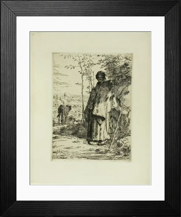Framed Print : The Shepherdess Knitting, 1862. Creator: Jean Francois Millet Framed Print : The Shepherdess Knitting, 1862. Creator: Jean Francois Millet
