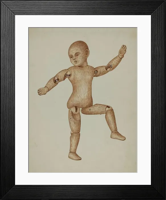 Framed Print : Carved Wood Doll, c. 1937. Creator: Edith Towner Framed Print : Carved Wood Doll, c. 1937. Creator: Edith Towner