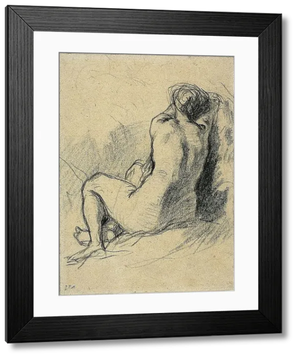 Framed Print : Study: Nude Woman Seen from the Back (recto) Sketches of Peasants Working (verso), c. 1846. Creator: Jean Francois Millet Framed Print : Study: Nude Woman Seen from the Back (recto) Sketches of Peasants Working (verso), c. 1846. Creator: Jean Francois Millet