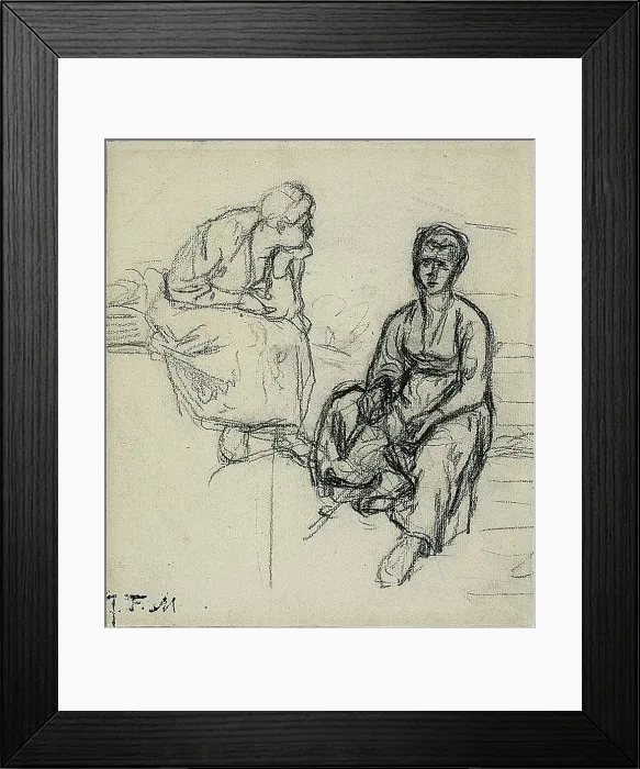 Framed Print : Two Studies of a Seated Peasant Woman (recto); Study of a Young Girl Wearing a Hat (verso), c. 1869. Creator: Jean Francois Millet Framed Print : Two Studies of a Seated Peasant Woman (recto); Study of a Young Girl Wearing a Hat (verso), c. 1869. Creator: Jean Francois Millet