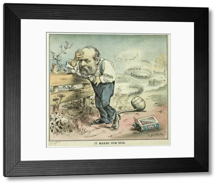 Framed Print : It Makes Him Sick, from Puck, published August 18, 1880. Creator: Joseph Keppler Framed Print : It Makes Him Sick, from Puck, published August 18, 1880. Creator: Joseph Keppler