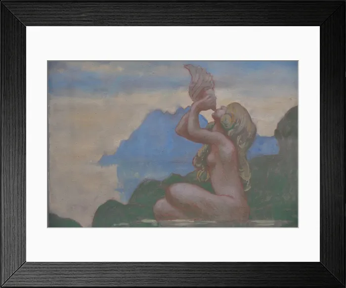 Framed Print : Figurine marine soufflant dans une conque (golfe de Porto), c. 1908. Creator: Auburtin, Jean Francis (1866-1930) Framed Print : Figurine marine soufflant dans une conque (golfe de Porto), c. 1908. Creator: Auburtin, Jean Francis (1866-1930)