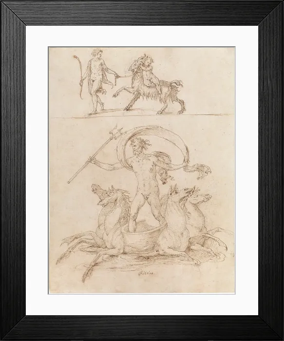 Framed Print : Neptune riding his chariot the infant-god Zeus riding the Goat Amalthea. Creator: Perino del Vaga (1501-1547) Framed Print : Neptune riding his chariot the infant-god Zeus riding the Goat Amalthea. Creator: Perino del Vaga (1501-1547)