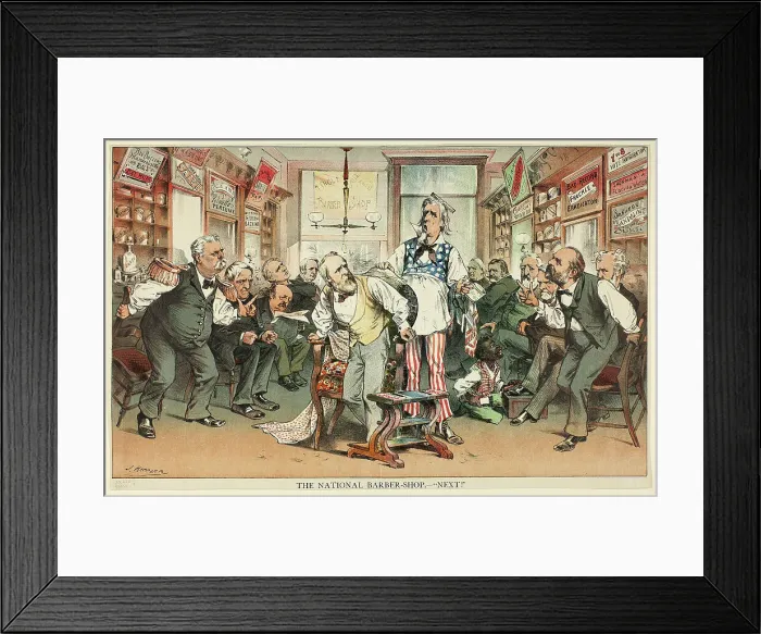 Framed Print : The National Barber Shop - Next, n.d. Creator: Joseph Keppler Framed Print : The National Barber Shop - Next, n.d. Creator: Joseph Keppler