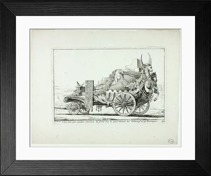 Framed Print : Char tiré par quatre chevaux de front, Sur lequel étaient les Sultanes et les Eunuques, pl... 1748. Creator: Joseph-Marie Vien the Elder Framed Print : Char tiré par quatre chevaux de front, Sur lequel étaient les Sultanes et les Eunuques, pl... 1748. Creator: Joseph-Marie Vien the Elder