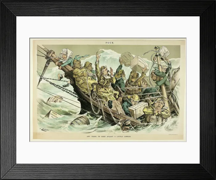 Framed Print : Any Thing to Keep Afloat a Little Longer, from Puck, n.d. Creator: Joseph Keppler Framed Print : Any Thing to Keep Afloat a Little Longer, from Puck, n.d. Creator: Joseph Keppler