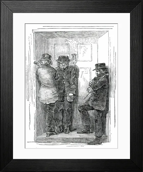 Framed Print : There are three men waiting outside, and I'm afraid to go out, 1850. Creator: Unknown Framed Print : There are three men waiting outside, and I'm afraid to go out, 1850. Creator: Unknown