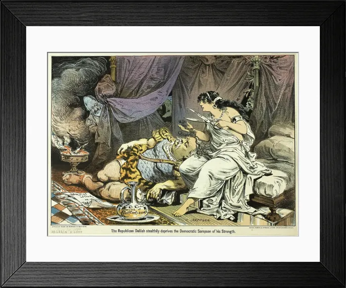 Framed Print : The Republican Dalilah Stealthily deprives the Democratic Sampson... published November 10, 1880. Creator: Joseph Keppler Framed Print : The Republican Dalilah Stealthily deprives the Democratic Sampson... published November 10, 1880. Creator: Joseph Keppler