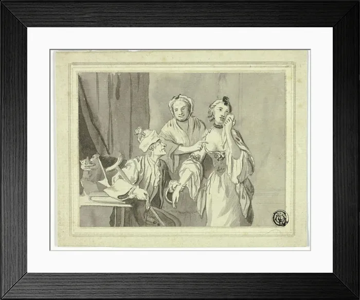 Framed Print : Literary Illustration: Old Man Detaining Young Woman, Who is Accompanied by Older Woman, n.d. Creators: John Collet, Jacques Callot Framed Print : Literary Illustration: Old Man Detaining Young Woman, Who is Accompanied by Older Woman, n.d. Creators: John Collet, Jacques Callot
