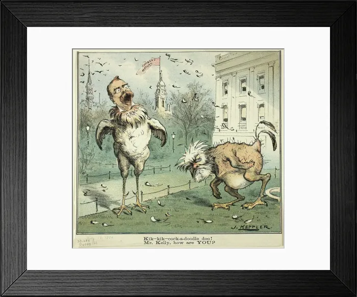 Framed Print : Kik-kik-cock-a-doodle doo! Mr. Kelly, how are YOU?, from Puck, published November 12, 1884. Creator: Joseph Keppler Framed Print : Kik-kik-cock-a-doodle doo! Mr. Kelly, how are YOU?, from Puck, published November 12, 1884. Creator: Joseph Keppler