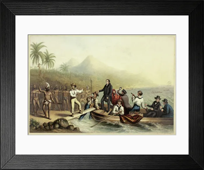 Framed Print : The Reception of the Rev. J. Williams, at Tanna in the South Seas, the Day Before He was... 1841. Creator: George Baxter Framed Print : The Reception of the Rev. J. Williams, at Tanna in the South Seas, the Day Before He was... 1841. Creator: George Baxter
