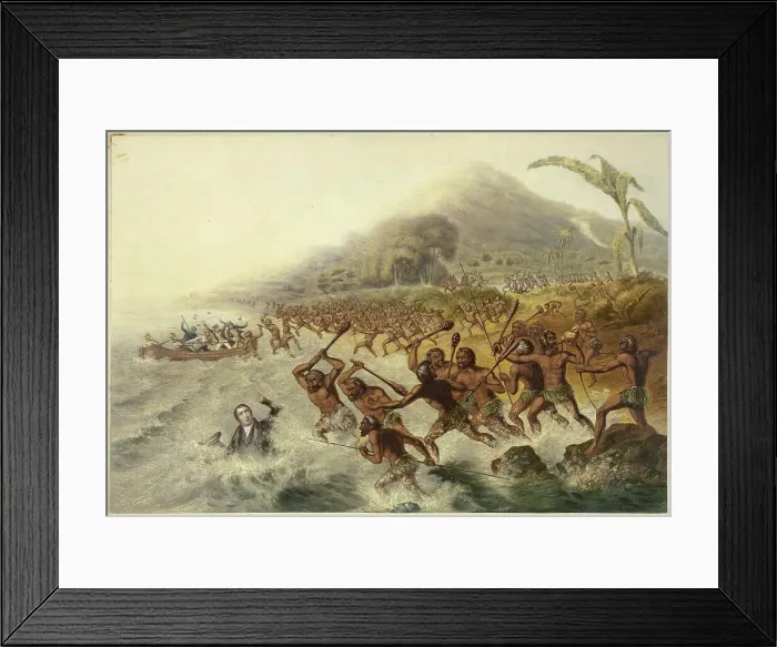Framed Print : The Massacre of the Lamented Missionary the Rev. J. Williams and Mr. Harris, 1841. Creator: George Baxter Framed Print : The Massacre of the Lamented Missionary the Rev. J. Williams and Mr. Harris, 1841. Creator: George Baxter