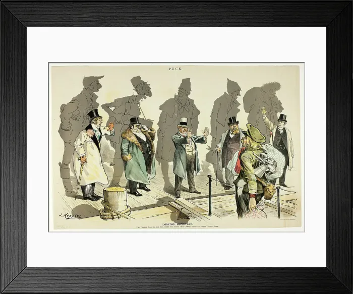 Framed Print : Looking Backward, from Puck, n.d. Creator: Joseph Keppler Framed Print : Looking Backward, from Puck, n.d. Creator: Joseph Keppler