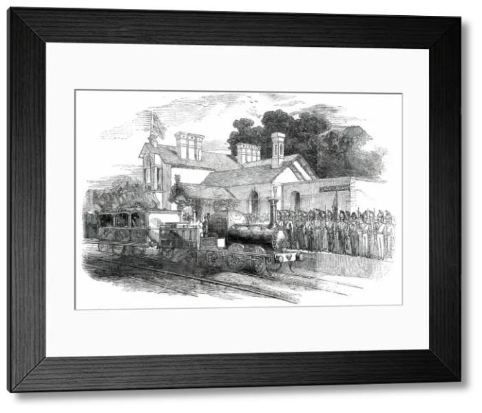 Framed Print : Arrival of Her Majesty at the Castle Howard Railway Station, 1850. Creator: Unknown Framed Print : Arrival of Her Majesty at the Castle Howard Railway Station, 1850. Creator: Unknown