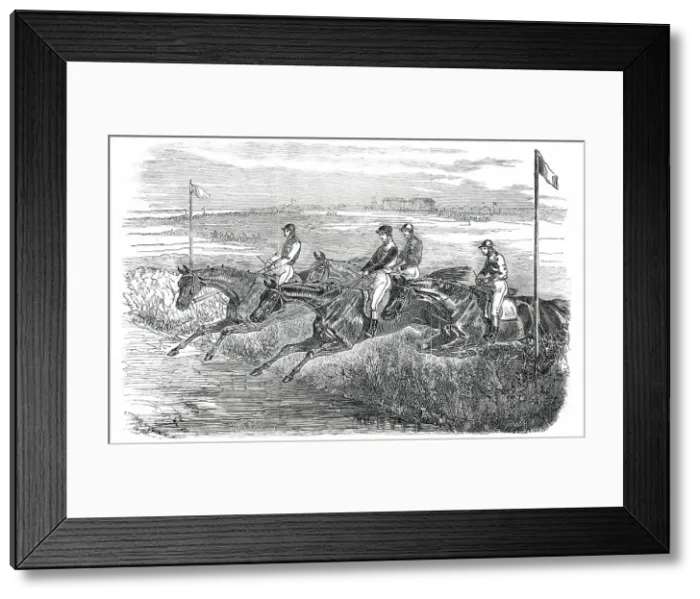 Framed Print : Epsom Spring Meeting - Great Metropolitan Steeple-Chase: the Jump at the Brook, 1850. Creator: Smyth Framed Print : Epsom Spring Meeting - Great Metropolitan Steeple-Chase: the Jump at the Brook, 1850. Creator: Smyth