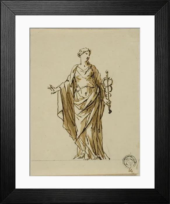 Framed Print : Standing Allegorical Figure with Caduceus (Peace?), n.d. Creators: John Michael Rysbrack, Sir James Thornhill Framed Print : Standing Allegorical Figure with Caduceus (Peace?), n.d. Creators: John Michael Rysbrack, Sir James Thornhill