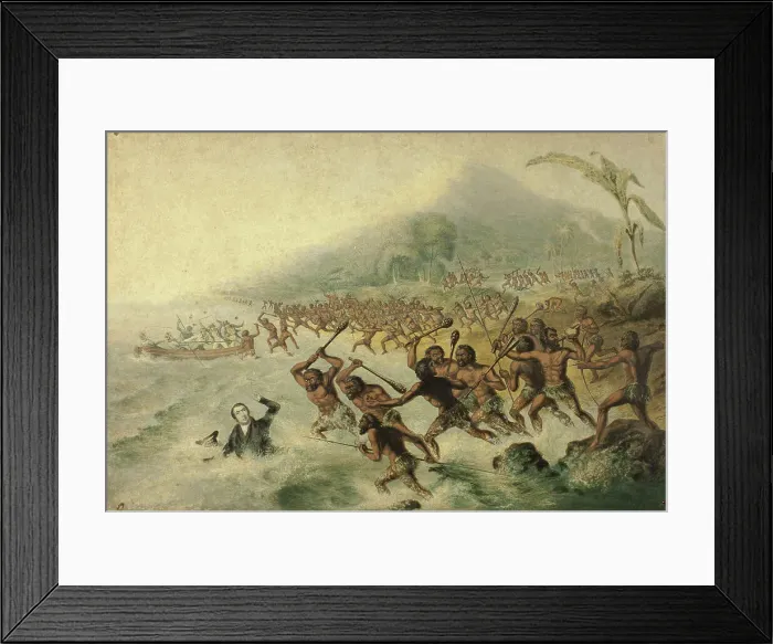 Framed Print : The Massacre of the Lamented Missionary, The Rev. J. Williams and Mr Harris, 1841. Creator: George Baxter Framed Print : The Massacre of the Lamented Missionary, The Rev. J. Williams and Mr Harris, 1841. Creator: George Baxter