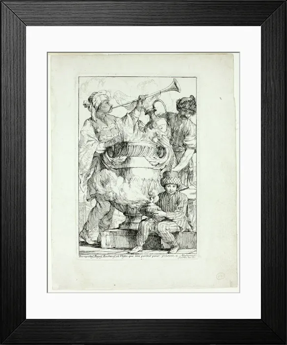 Framed Print : Trompettes, Pages, Esclaves, et Vases que l'on portait pour présent à Mahomet, from Carava... 1748. Creator: Joseph-Marie Vien the Elder Framed Print : Trompettes, Pages, Esclaves, et Vases que l'on portait pour présent à Mahomet, from Carava... 1748. Creator: Joseph-Marie Vien the Elder