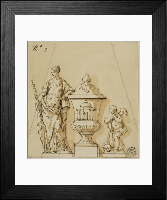 Framed Print : Design for a Funerary Monument with Fate, Urn, Putto, n.d. Creators: John Michael Rysbrack, Sir James Thornhill Framed Print : Design for a Funerary Monument with Fate, Urn, Putto, n.d. Creators: John Michael Rysbrack, Sir James Thornhill
