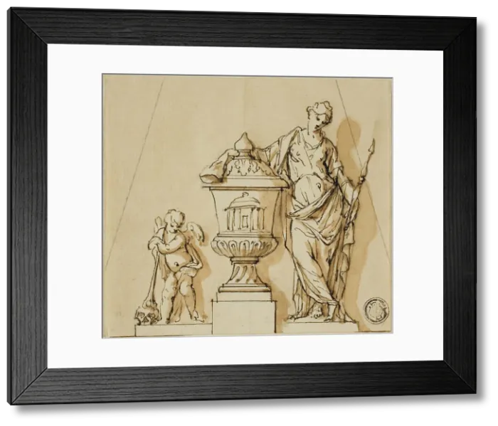 Framed Print : Design for a Funerary Monument with Fate, Putto, and Urn, n.d. Creators: John Michael Rysbrack, Sir James Thornhill Framed Print : Design for a Funerary Monument with Fate, Putto, and Urn, n.d. Creators: John Michael Rysbrack, Sir James Thornhill