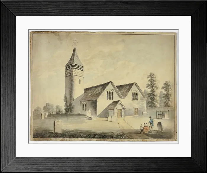 Framed Print : Man, Woman and Child in Churchyard Cemetary, 1800-1899. Creator: Unknown Framed Print : Man, Woman and Child in Churchyard Cemetary, 1800-1899. Creator: Unknown