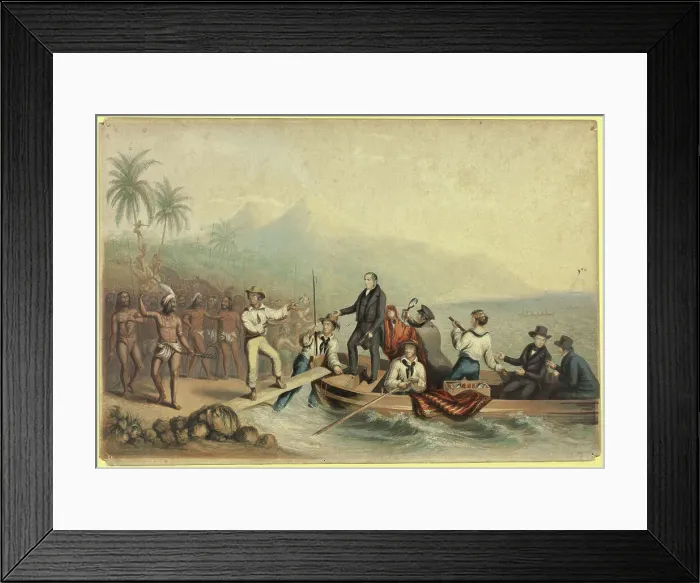 Framed Print : The Reception of the Rev. J. Williams, at Tanna in the South Seas, the Day Before He was... 1841. Creator: George Baxter Framed Print : The Reception of the Rev. J. Williams, at Tanna in the South Seas, the Day Before He was... 1841. Creator: George Baxter