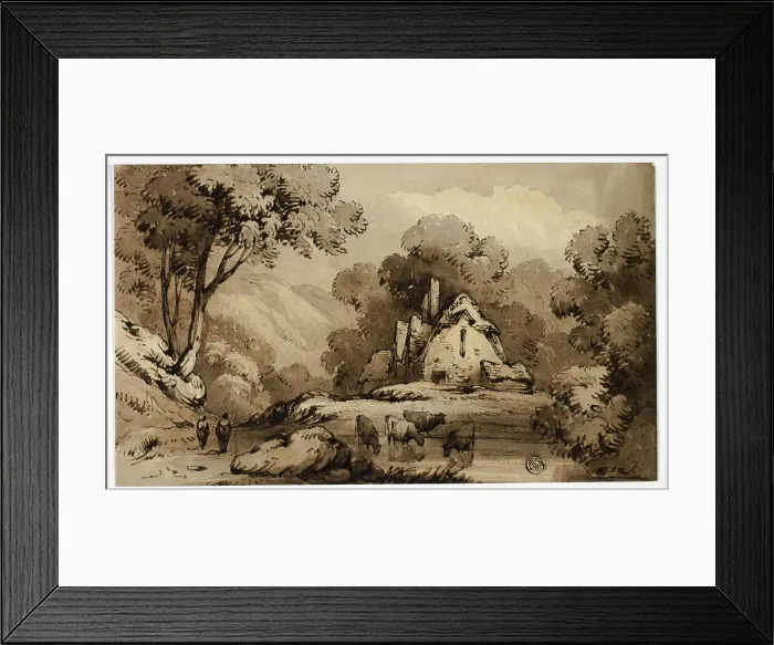 Framed Print : Wooded Landscape with Cottage Beside Pond with Standing Cows, n.d. Creator: James Robertson Framed Print : Wooded Landscape with Cottage Beside Pond with Standing Cows, n.d. Creator: James Robertson