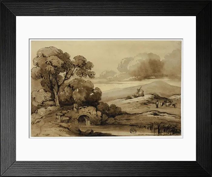 Framed Print : Landscape with Stone Bridge in Foreground and Cows on Hillside, n.d. Creator: James Robertson Framed Print : Landscape with Stone Bridge in Foreground and Cows on Hillside, n.d. Creator: James Robertson