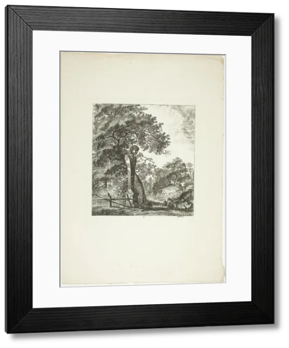 Framed Print : Sheep by a Statue of Pan, plate five from Paysages Dédiés à M. Warelet, 1764. Creator: Salomon Gessner Framed Print : Sheep by a Statue of Pan, plate five from Paysages Dédiés à M. Warelet, 1764. Creator: Salomon Gessner