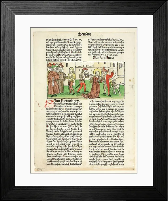 Framed Print : The Martyrdom of Saint Lucy from Heiligenleben, Sommerteil (Lives...1488...assembled 1929. Creators: Unknown, Anton Koberger, Jacobus de Voragine, Wilhelm Ludwig Schreiber)