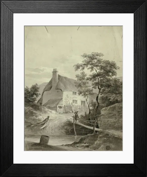 Framed Print : Boy on Bridge Outside a Cottage, n.d. Creator: Unknown Framed Print : Boy on Bridge Outside a Cottage, n.d. Creator: Unknown