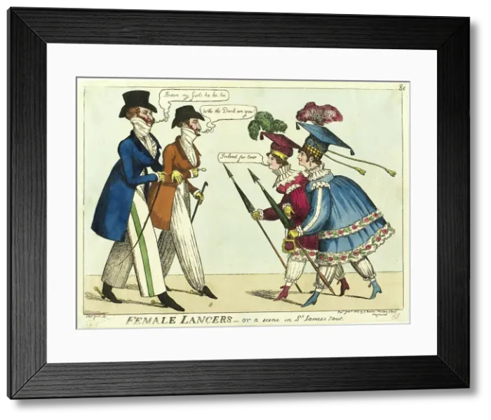 Framed Print : Female Lancers - or A Scene in St. James's Street, published January, 1819. Creator: Isaac Robert Cruikshank Framed Print : Female Lancers - or A Scene in St. James's Street, published January, 1819. Creator: Isaac Robert Cruikshank