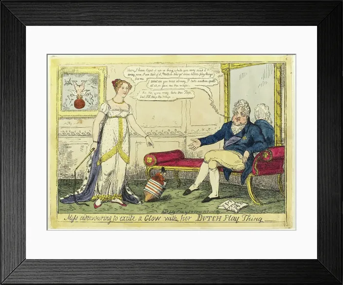 Framed Print : Miss Endeavouring to Excite a Glow with Her Dutch Play Thing, published July 1, 1814. Creator: Isaac Robert Cruikshank Framed Print : Miss Endeavouring to Excite a Glow with Her Dutch Play Thing, published July 1, 1814. Creator: Isaac Robert Cruikshank